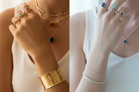 Hand displaying warm yellow gold, white gold, and rose gold diamond rings against natural skin