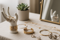 Chic layered gold chain necklaces of varying lengths paired with stacked diamond rings