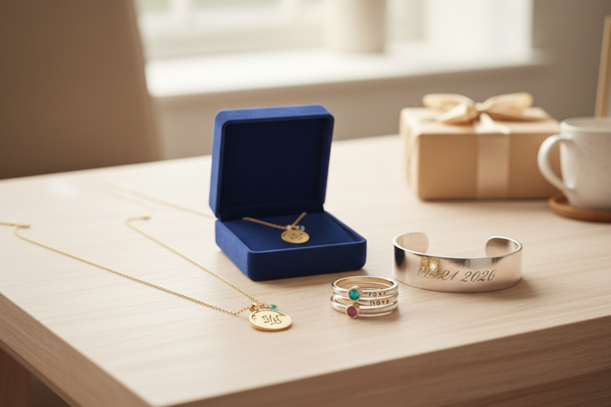 Custom engraved gold band and personalized gemstone jewelry in elegant gift packaging