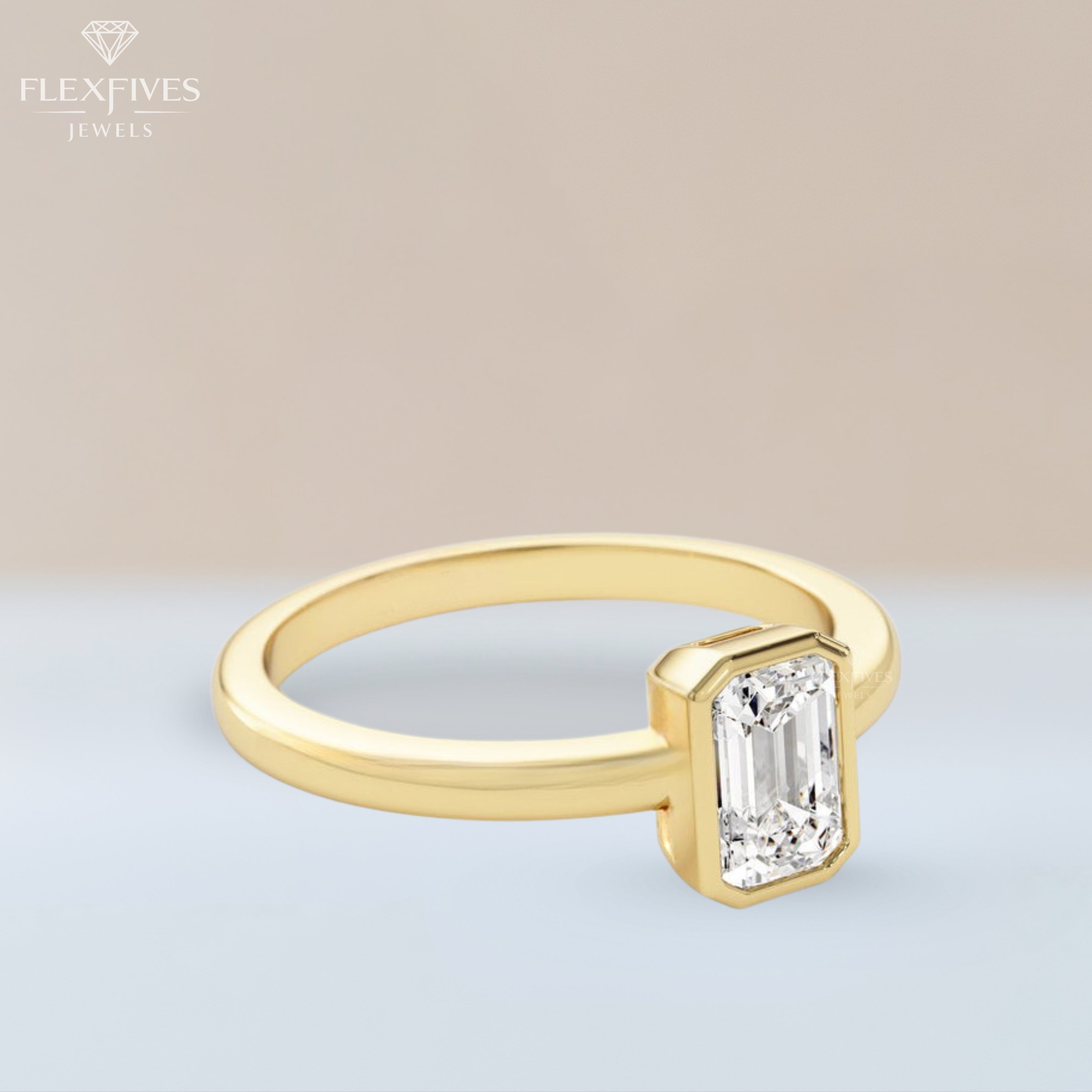 Bezel Set Emerald Moissanite Ring | 1.5 CT Center Stone | Solid Gold Ring | Minimalist Engagement Ring | Yellow, White, Rose Gold