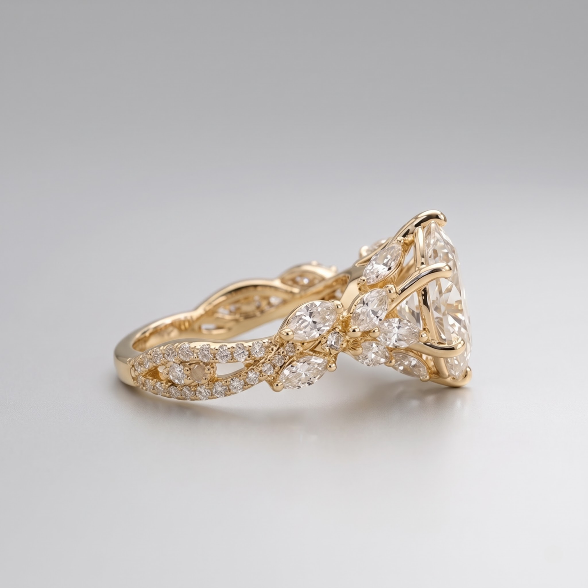 Marquise Moissanite Engagement Ring with Twisted Infinity Band in 14K gold