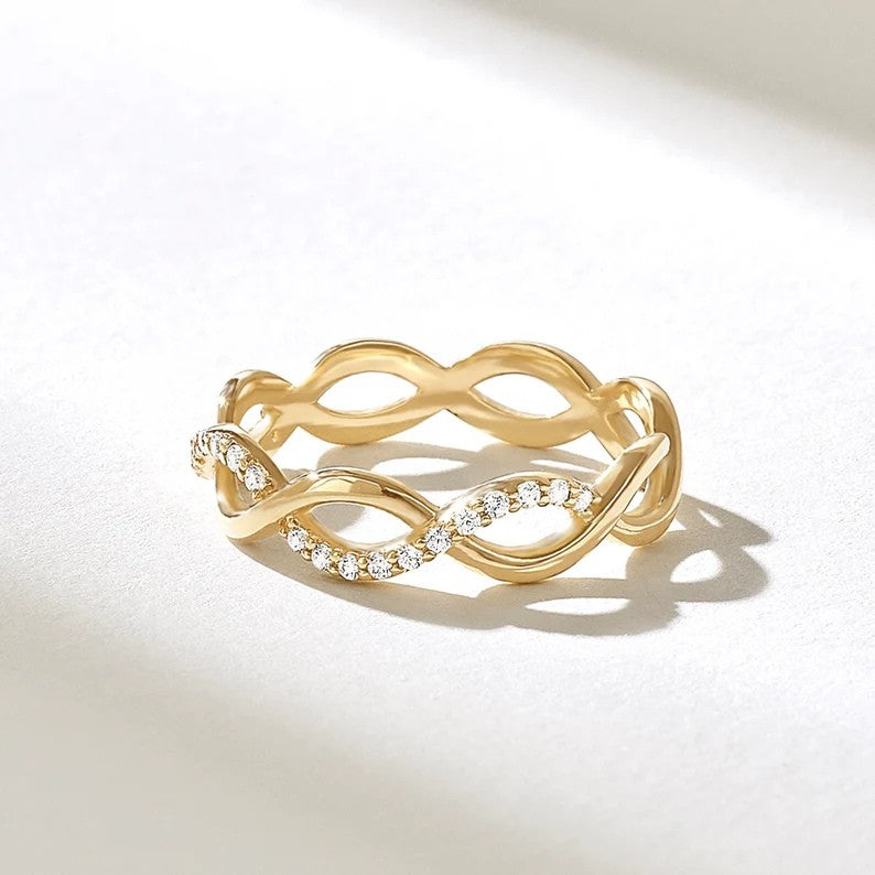 Diamond Twisted Infinity Ring | 14k Solid Gold Eternity Rope Wedding Ring | Pave Diamond Stacking Ring Women | Open Twist Ring Gold