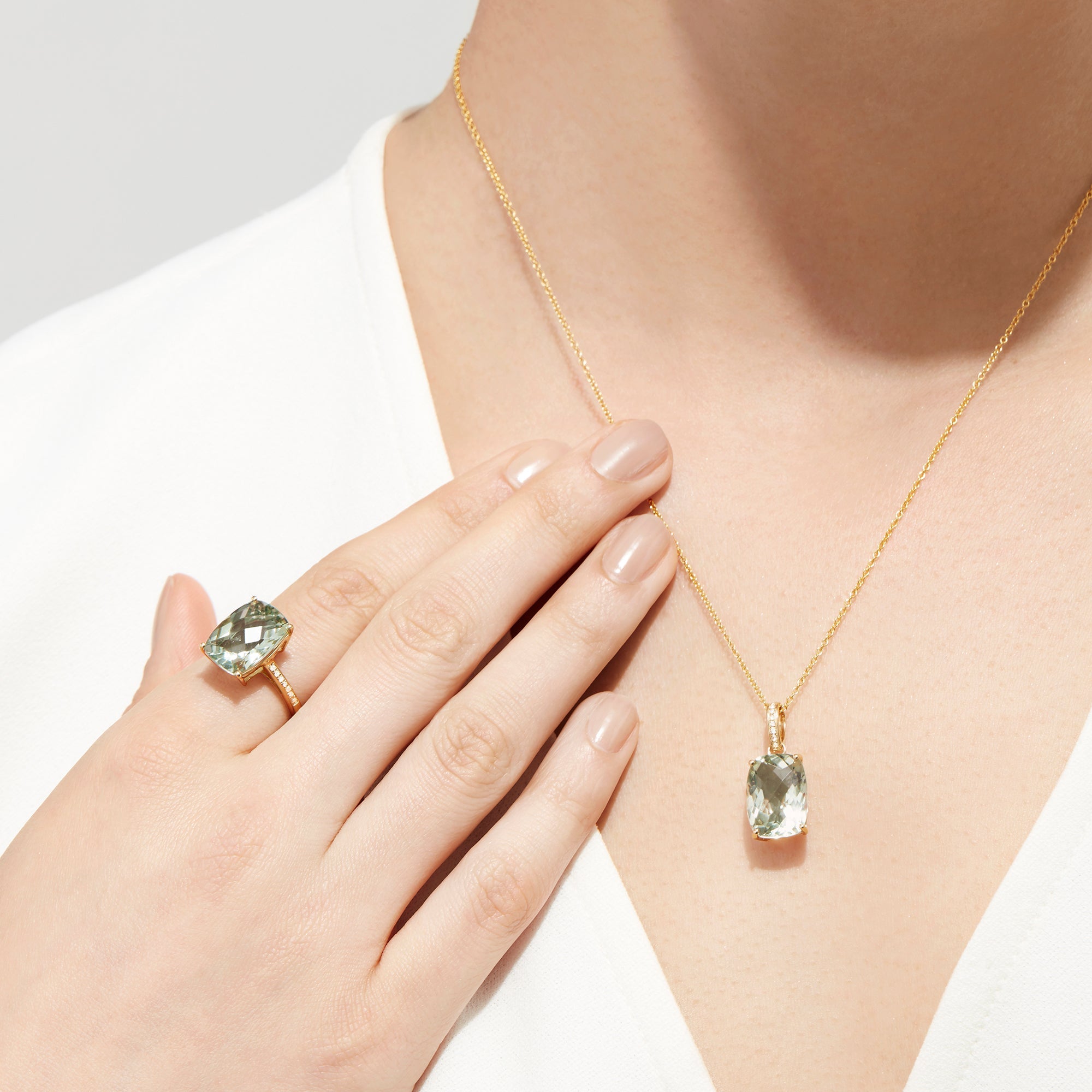 14K Yellow Gold Green Amethyst and Diamond Cocktail Ring