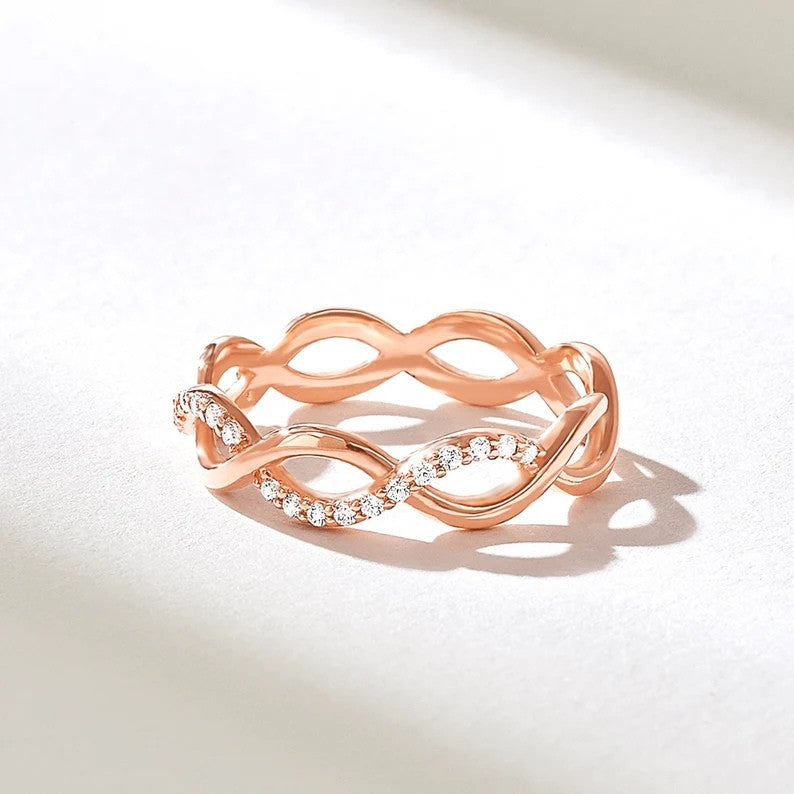 Diamond Twisted Infinity Ring | 14k Solid Gold Eternity Rope Wedding Ring | Pave Diamond Stacking Ring Women | Open Twist Ring Gold
