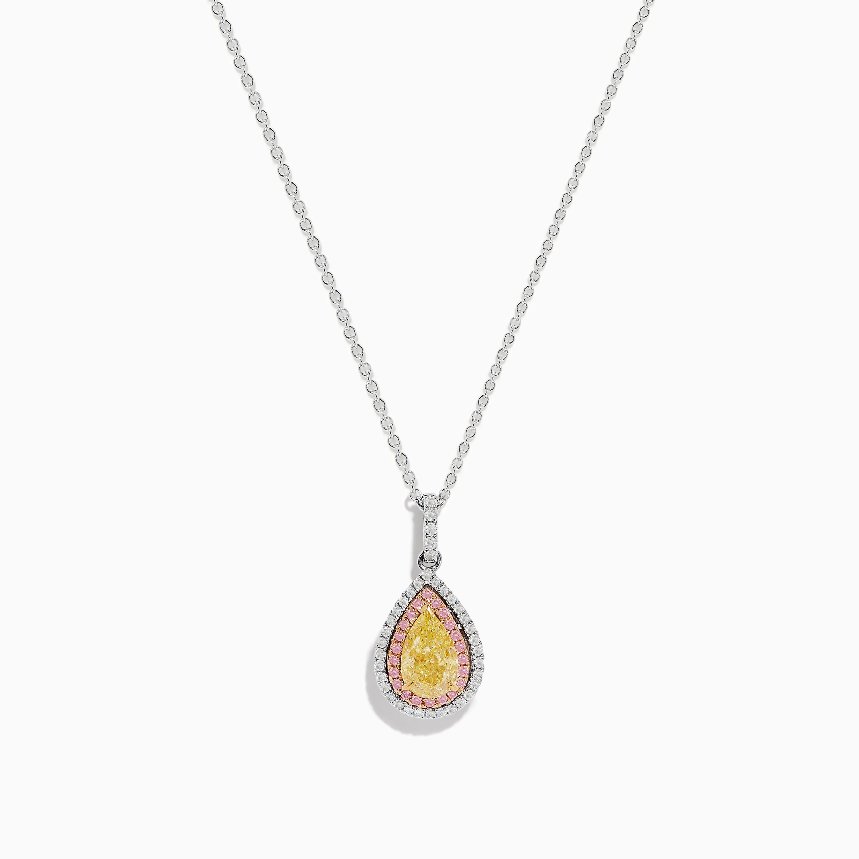 14K Three Tone Gold Pear Shaped Yellow Diamond and Pink Diamond Halo Pendant