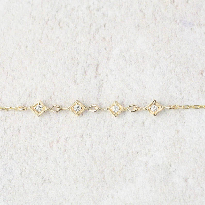 Tiny star multi diamond chain bracelet, dainty diamond star bracelet, multi charm, antique inspired bracelet 14k gold, rose gold, white gold