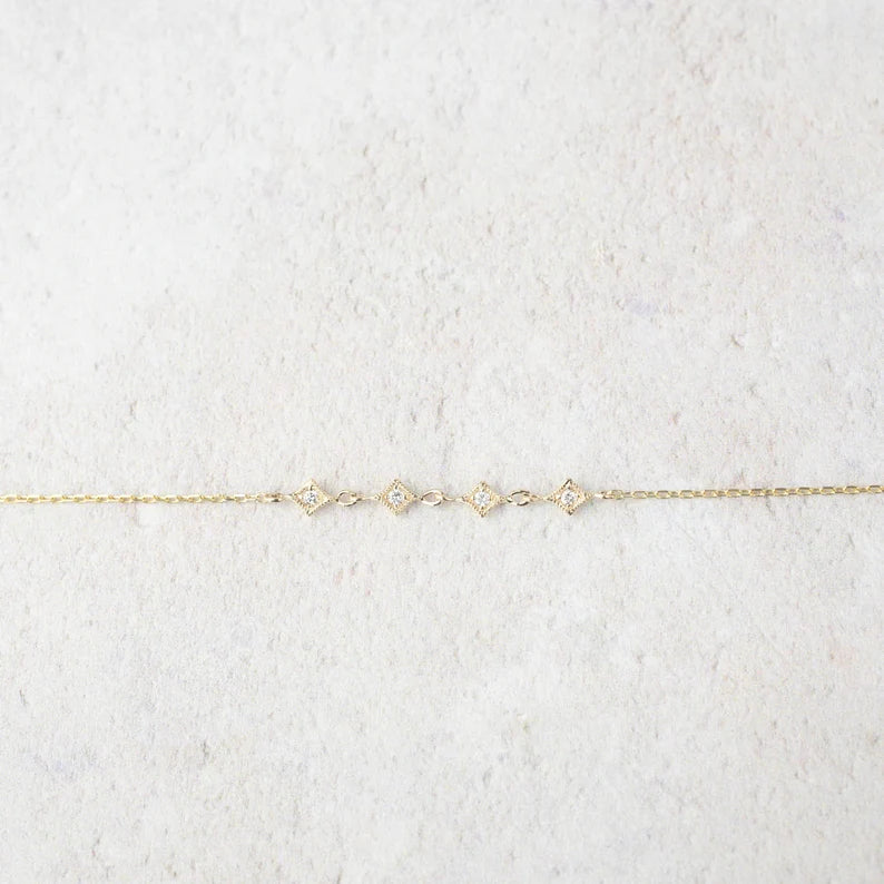 Tiny star multi diamond chain bracelet, dainty diamond star bracelet, multi charm, antique inspired bracelet 14k gold, rose gold, white gold