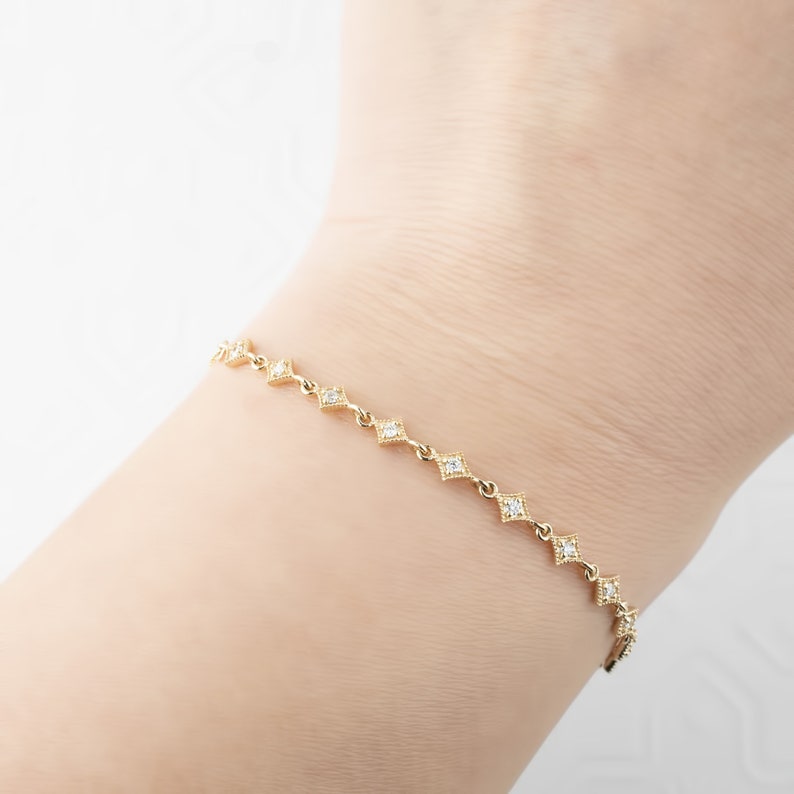Diamond star chain bracelet, dainty diamond star bracelet, multi charm, antique inspired bracelet 14k gold, rose gold, white gold