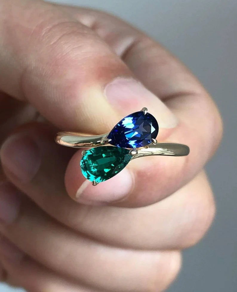 14k Gold Sapphire & Emerald Ring, Two Stone Ring, Pear Cut Gemstones Ring, 14k gold make to order ring , Engagement Ring, Wedding Ring, Statement Ring