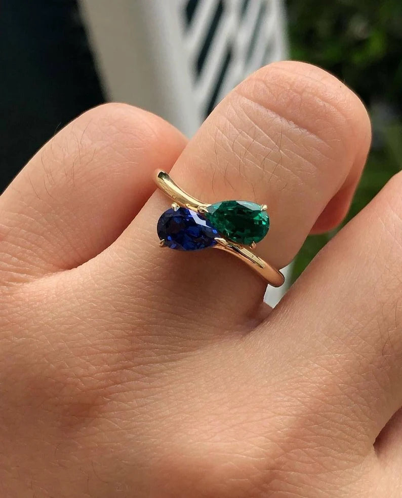 14k Gold Sapphire & Emerald Ring, Two Stone Ring, Pear Cut Gemstones Ring, 14k gold make to order ring , Engagement Ring, Wedding Ring, Statement Ring