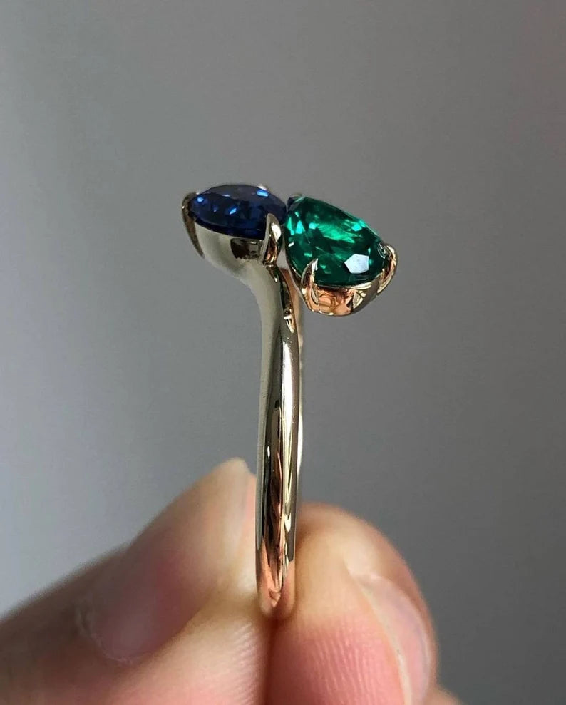 14k Gold Sapphire & Emerald Ring, Two Stone Ring, Pear Cut Gemstones Ring, 14k gold make to order ring , Engagement Ring, Wedding Ring, Statement Ring