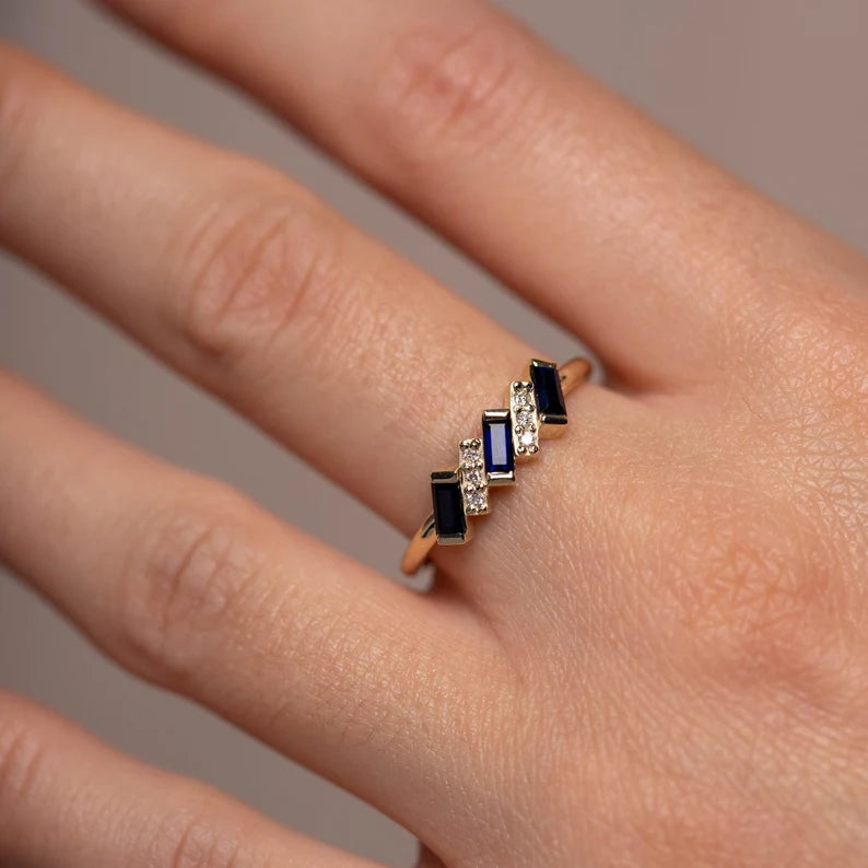 Art Deco Blue Sapphire Diamond Ring 14K Gold Baguette - Anniversary Gift for Women gorgeous Ring