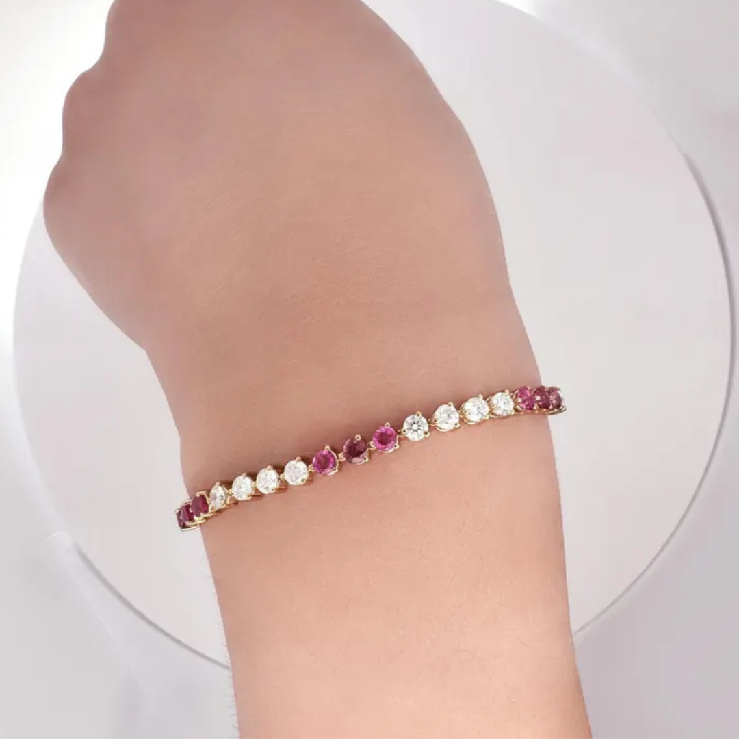 Ruby and Round Brilliant Cut Lab Grown Diamond 3-Prong 14K Yellow Gold Tennis Bracelet 7 Inches