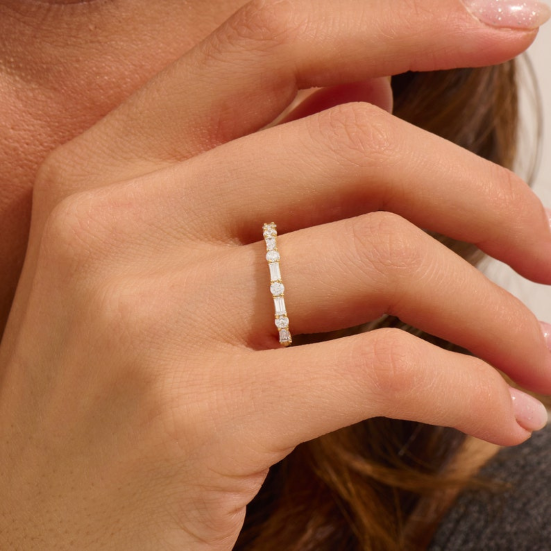 Lab grown Baguette and Round Half-Eternity Wedding Band – 14K Gold