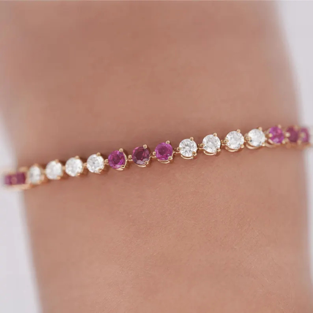 Ruby and Round Brilliant Cut Lab Grown Diamond 3-Prong 14K Yellow Gold Tennis Bracelet 7 Inches