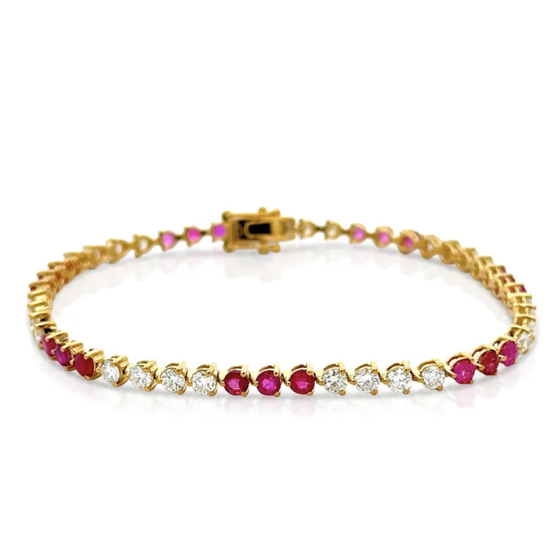 Ruby and Round Brilliant Cut Lab Grown Diamond 3-Prong 14K Yellow Gold Tennis Bracelet 7 Inches
