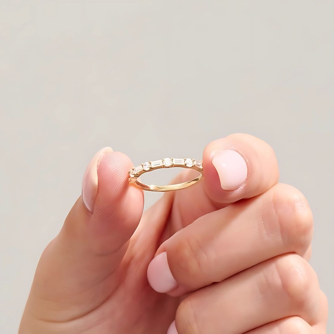 Lab grown Baguette and Round Half-Eternity Wedding Band – 14K Gold