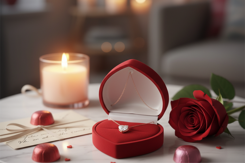 Romantic Valentine's jewelry gift featuring ruby earrings and diamond pendant in luxury red velvet box