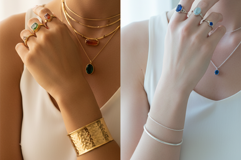 Hand displaying warm yellow gold, white gold, and rose gold diamond rings against natural skin