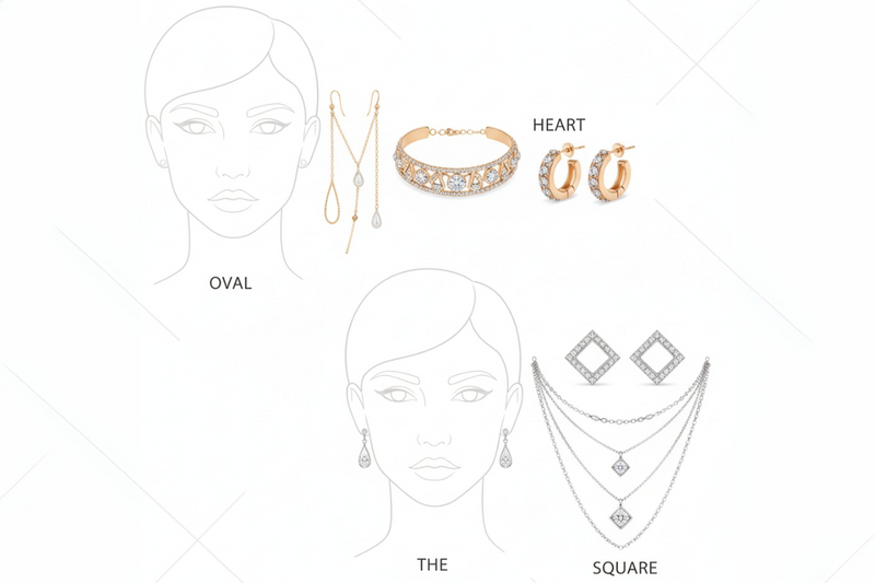 Model wearing statement diamond drop earrings designed to complement facial contours