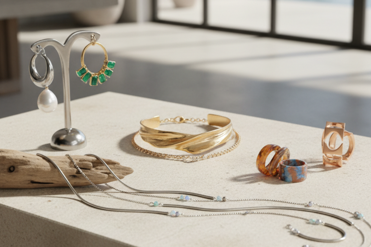 Curated collection of 2025 trending fine jewelry featuring diamond huggie hoops and stacking rings