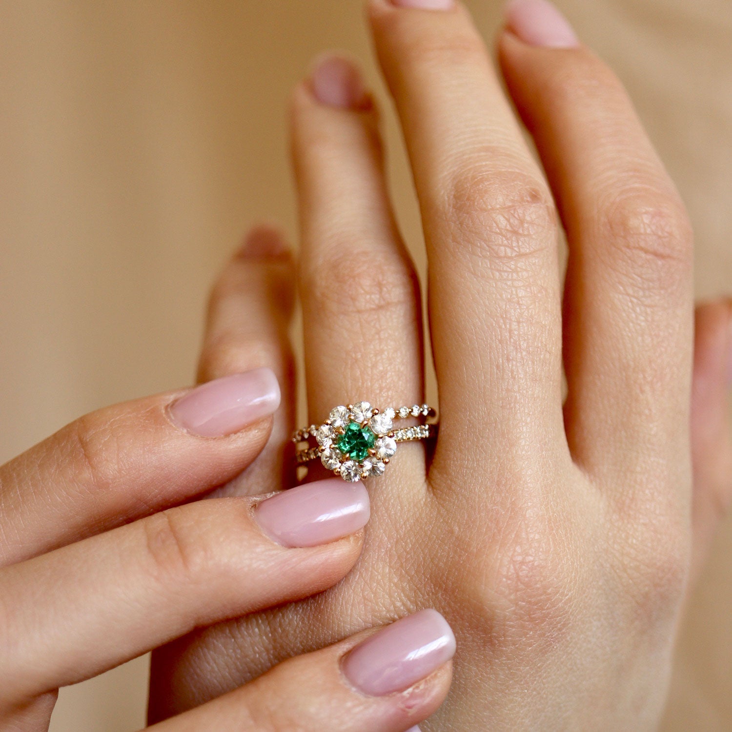 True Love Natural Emerald Halo Engagement Ring, Sapphire & Diamond