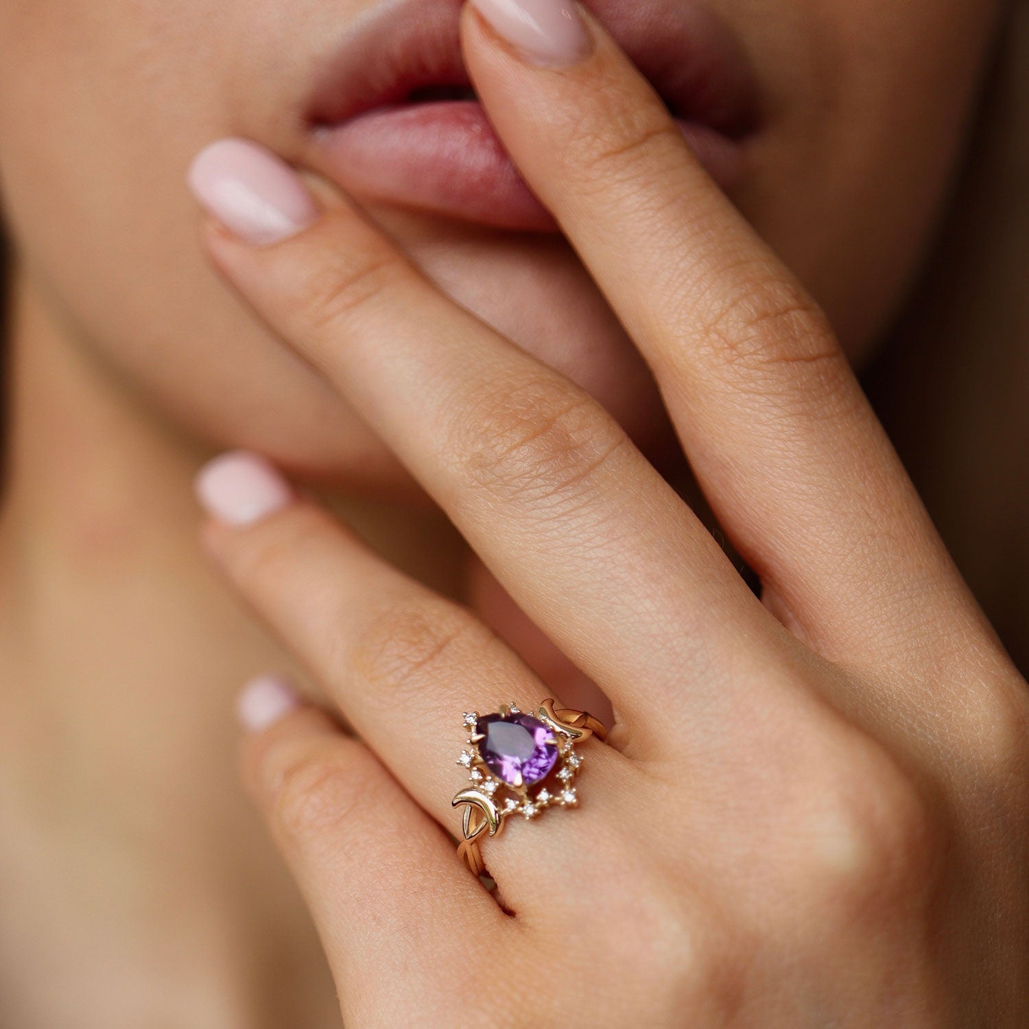 Alice Star & Moon Magic Engagement Ring, Pear Cut Amethyst