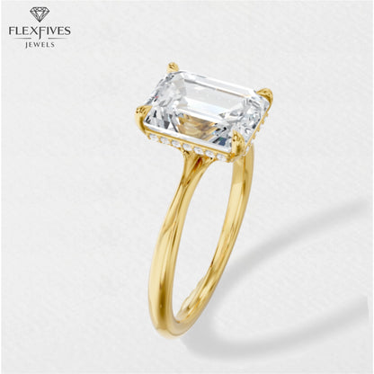 1.5 CT Emerald Cut Moissanite Engagement Ring | Moissanite Side Stones | Solid Gold | Yellow, White, Rose Gold | Ethical Bridal Jewelry
