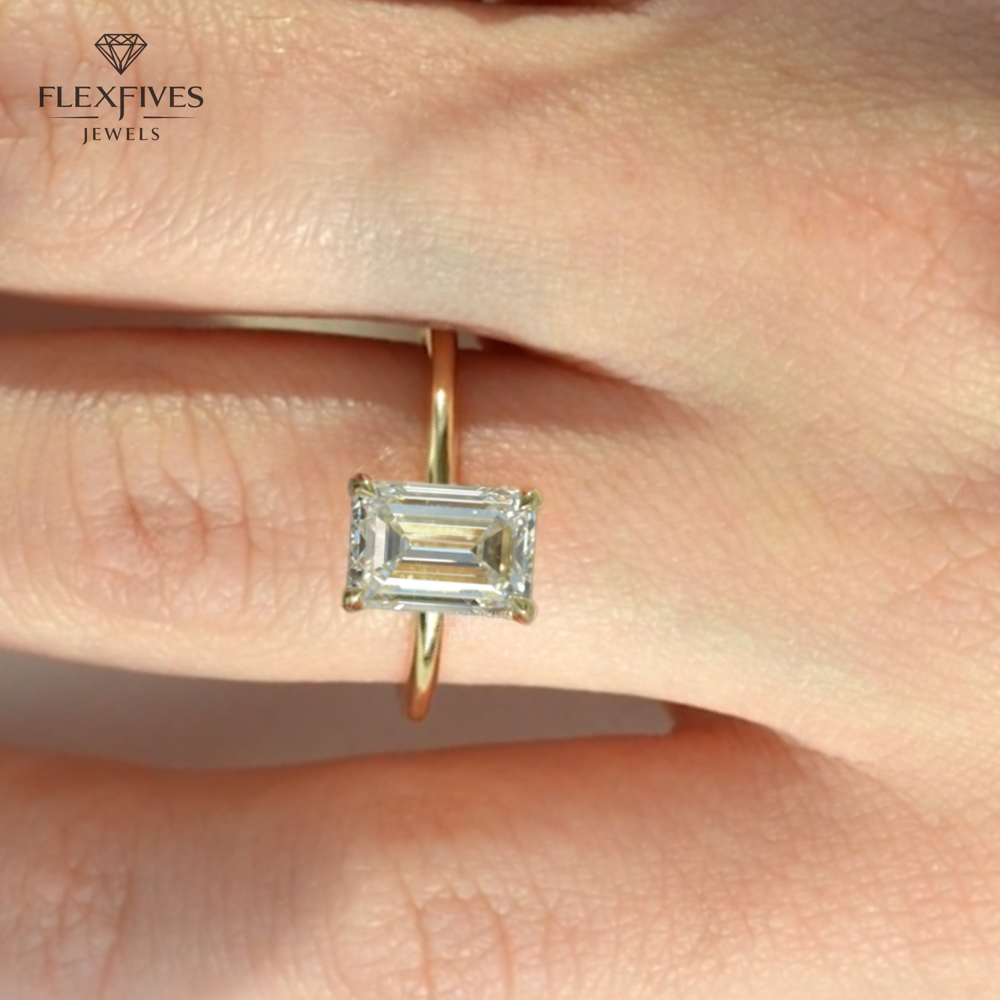1.5 CT Emerald Cut Moissanite Engagement Ring | Moissanite Side Stones | Solid Gold | Yellow, White, Rose Gold | Ethical Bridal Jewelry