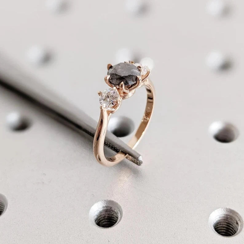 Art Deco Salt and Pepper Diamond Ring, 14k Rose Gold Polished Finished Wedding Band, Diamond Engagement Ring, Unique Moissanite Promise Ring