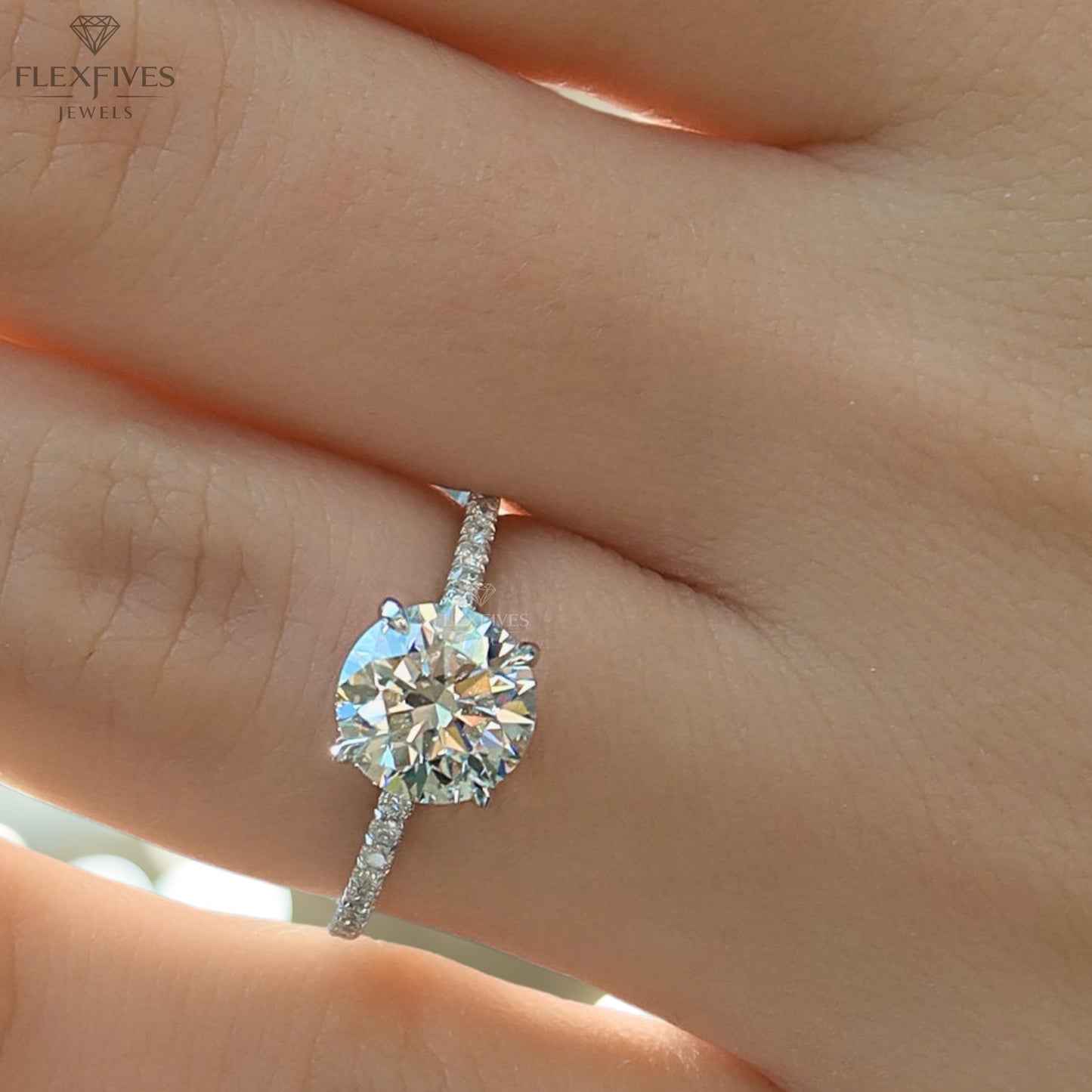 4 prong engagement ring, 2CT Round moissanite, micro pave diamond band, 10K/14K/18K solid gold