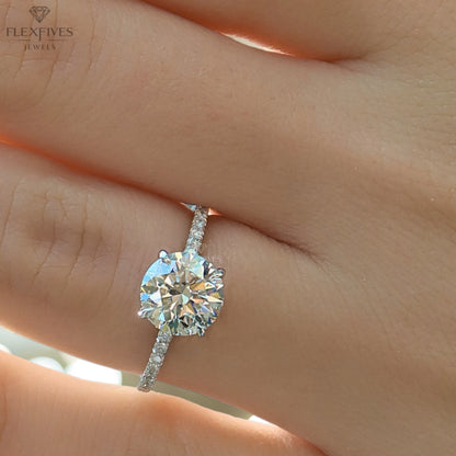 4 prong engagement ring, 2CT Round moissanite, micro pave diamond band, 10K/14K/18K solid gold