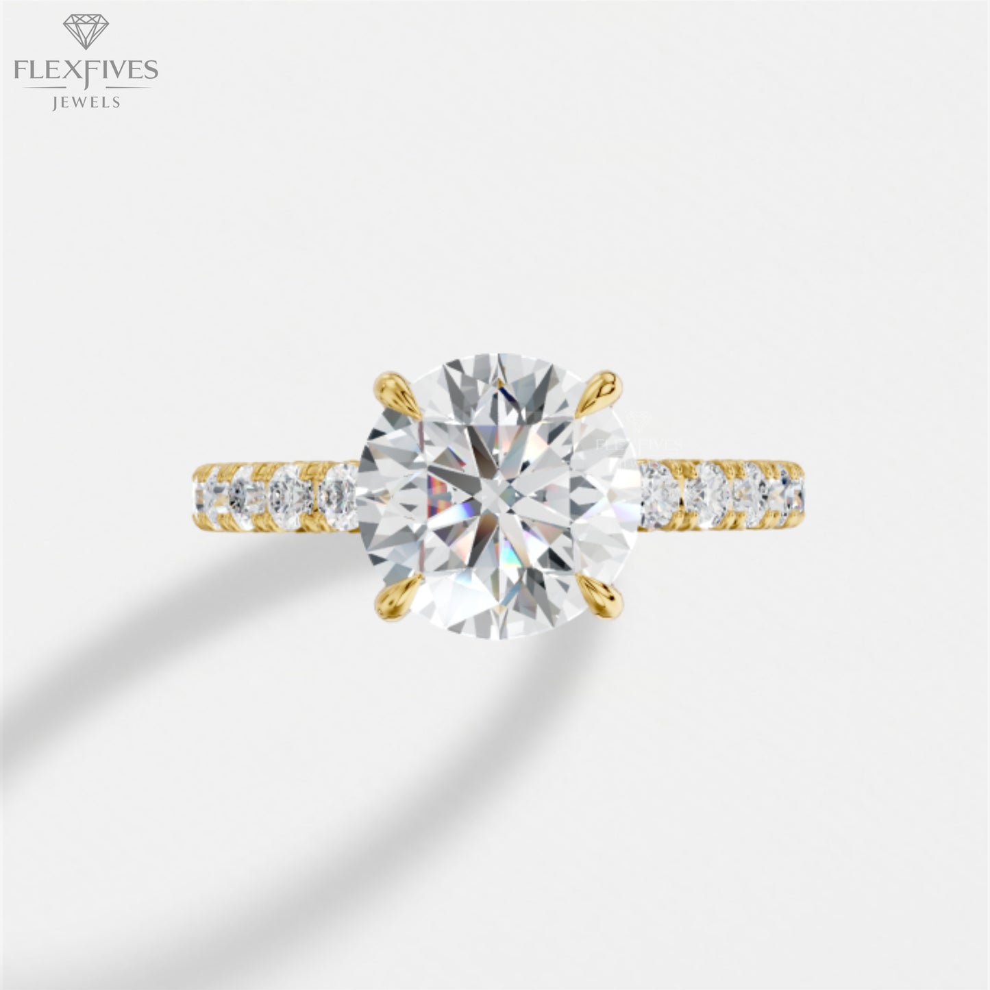 4 prong engagement ring, 2CT Round moissanite, micro pave diamond band, 10K/14K/18K solid gold