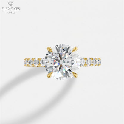 4 prong engagement ring, 2CT Round moissanite, micro pave diamond band, 10K/14K/18K solid gold