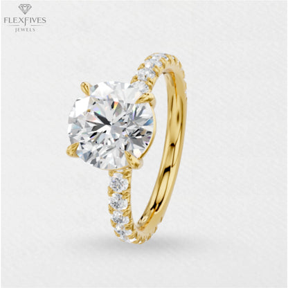 4 prong engagement ring, 2CT Round moissanite, micro pave diamond band, 10K/14K/18K solid gold