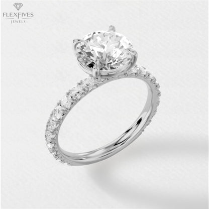 4 prong engagement ring, 2CT Round moissanite, micro pave diamond band, 10K/14K/18K solid gold