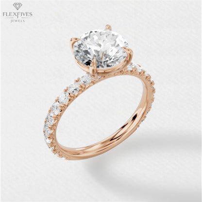 4 prong engagement ring, 2CT Round moissanite, micro pave diamond band, 10K/14K/18K solid gold