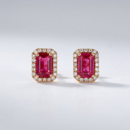 Emerald-cut pink sapphire earrings with round diamond accents