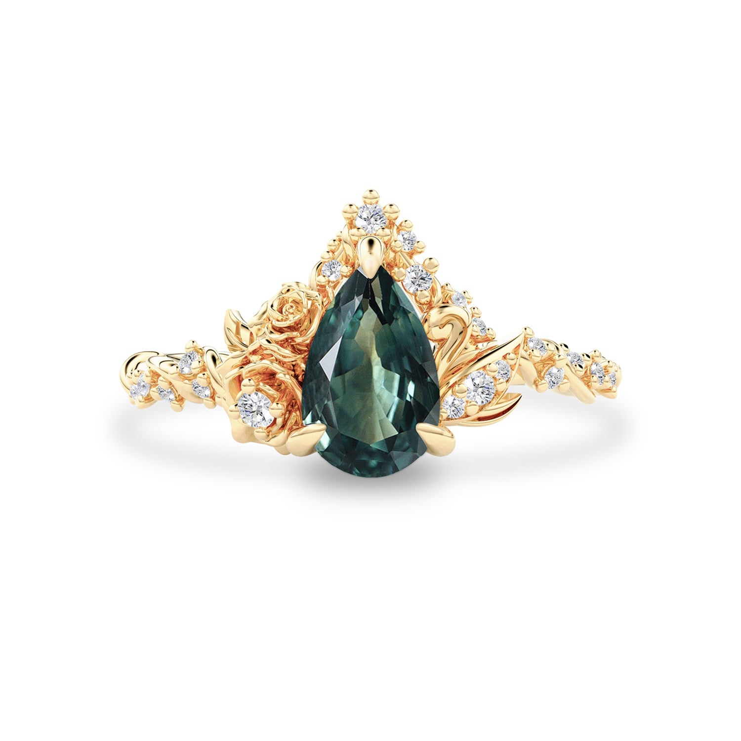 Blossom Rose & Dancing Swan Engagement Ring, Pear Cut Teal Sapphire