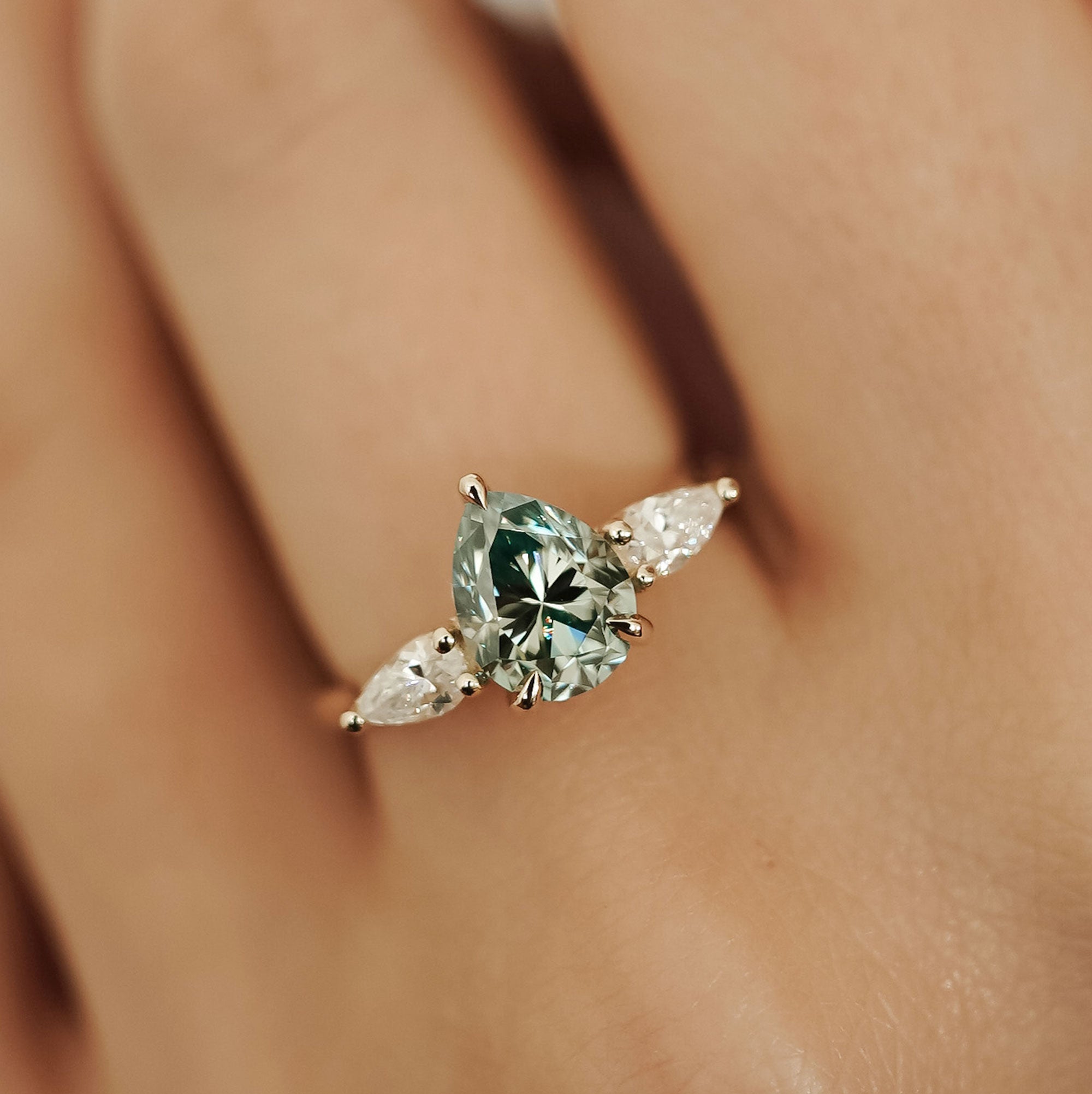 Purity Petal Hidden Halo Three Stone Engagement Ring, Cyan Green Moissanite