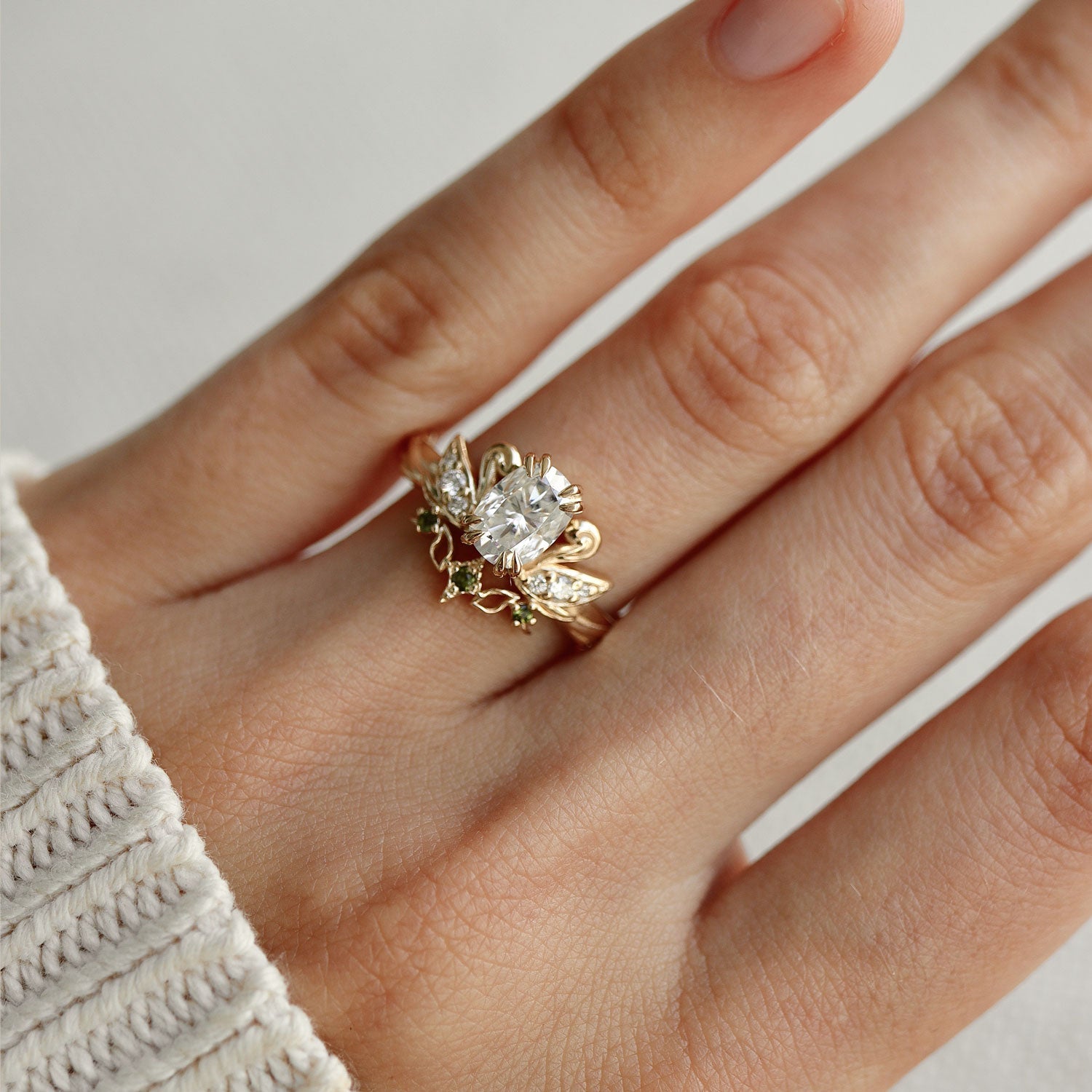 Cushion Love Swan Engagement Ring, Elongated Cushion Cut With Celestial Star