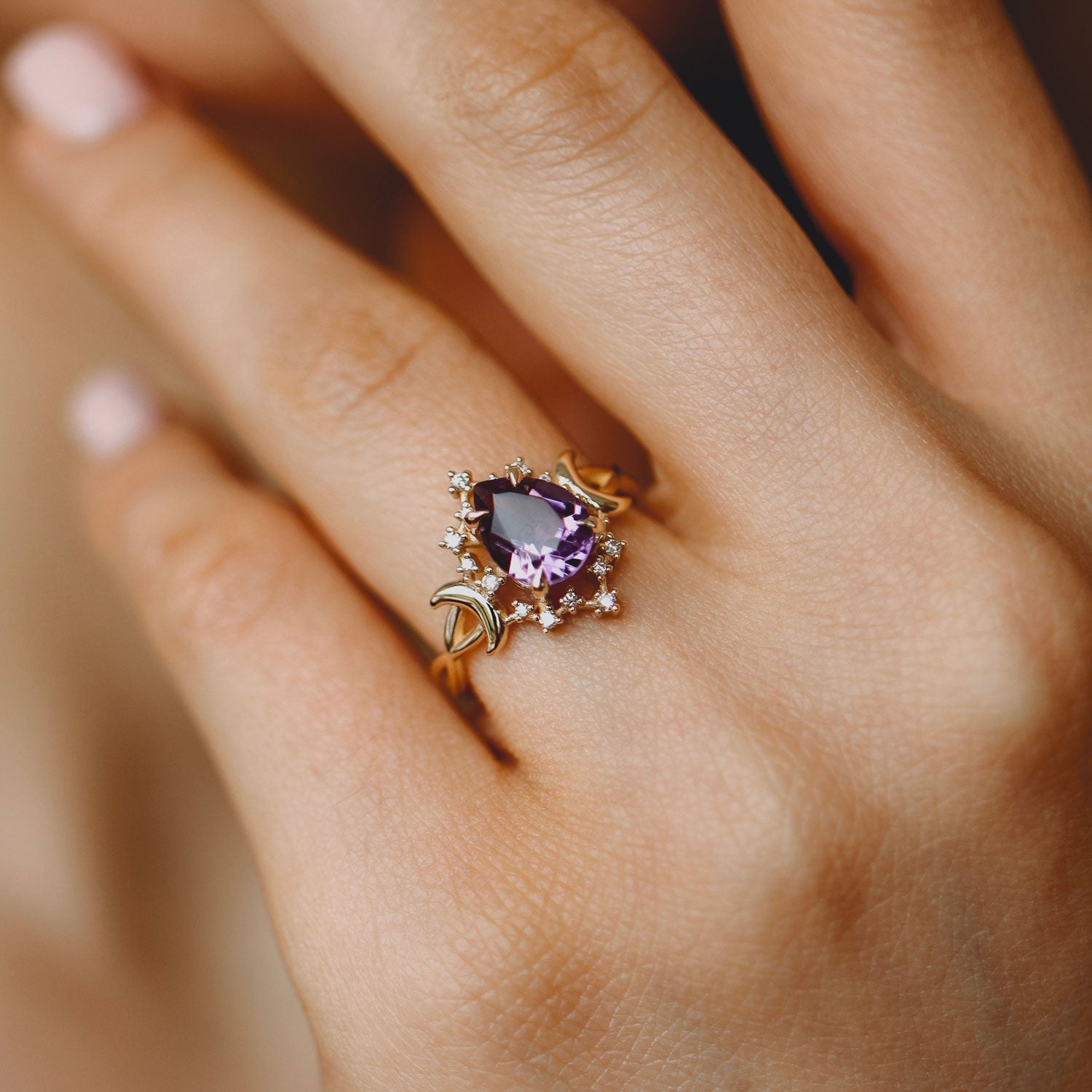 Alice Star & Moon Magic Engagement Ring, Pear Cut Amethyst