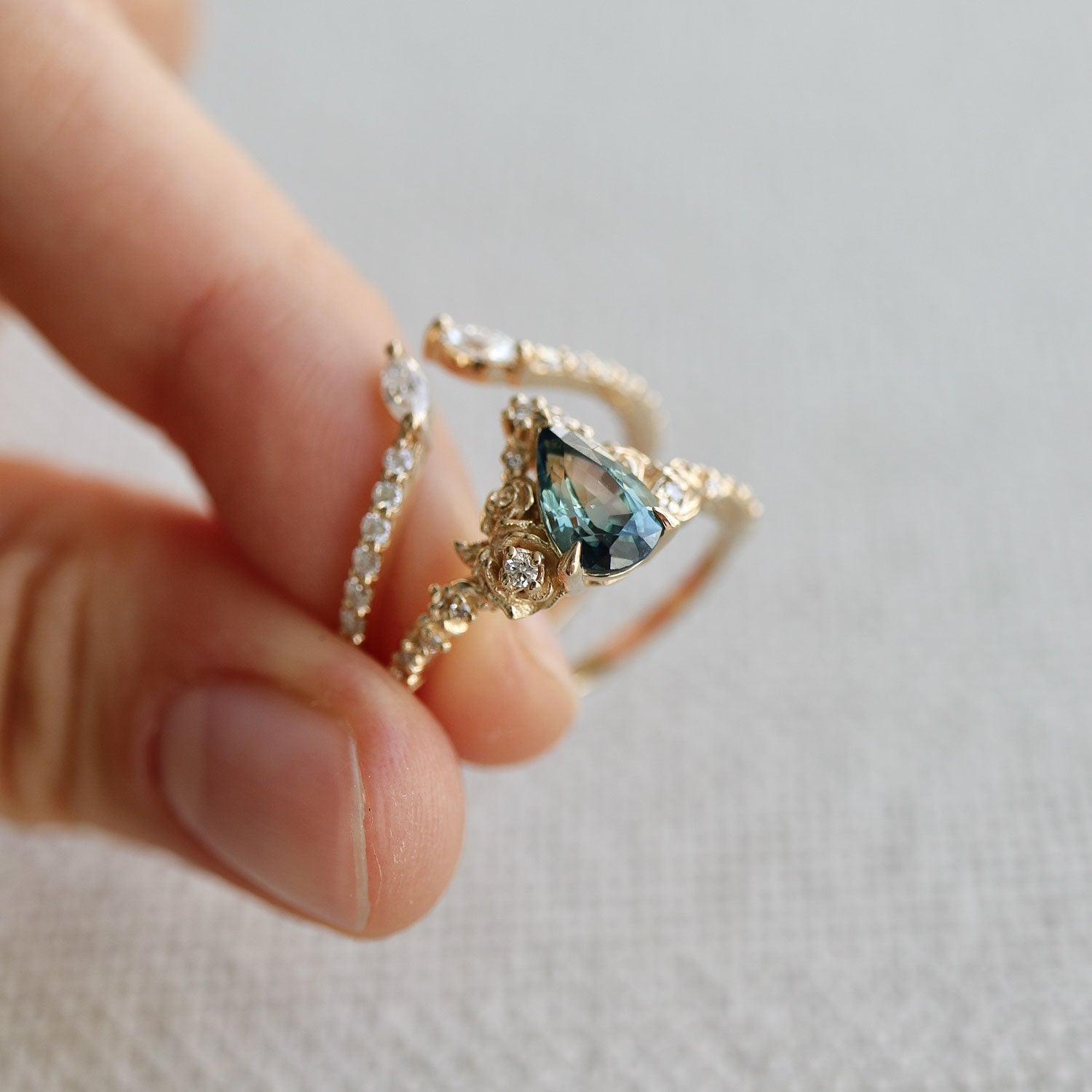 Blossom Rose & Dancing Swan Engagement Ring, Pear Cut Teal Sapphire