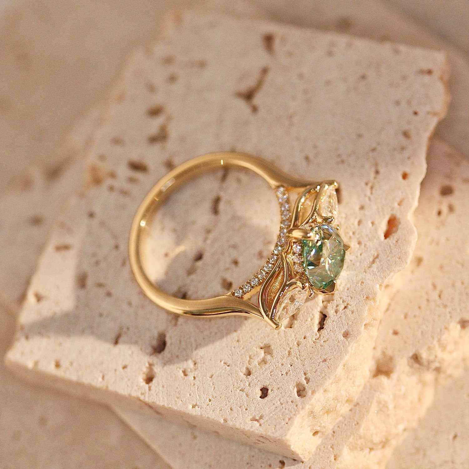 Purity Petal Hidden Halo Three Stone Engagement Ring, Cyan Green Moissanite