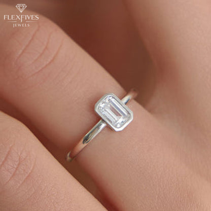 Bezel Set Emerald Moissanite Ring | 1.5 CT Center Stone | Solid Gold Ring | Minimalist Engagement Ring | Yellow, White, Rose Gold