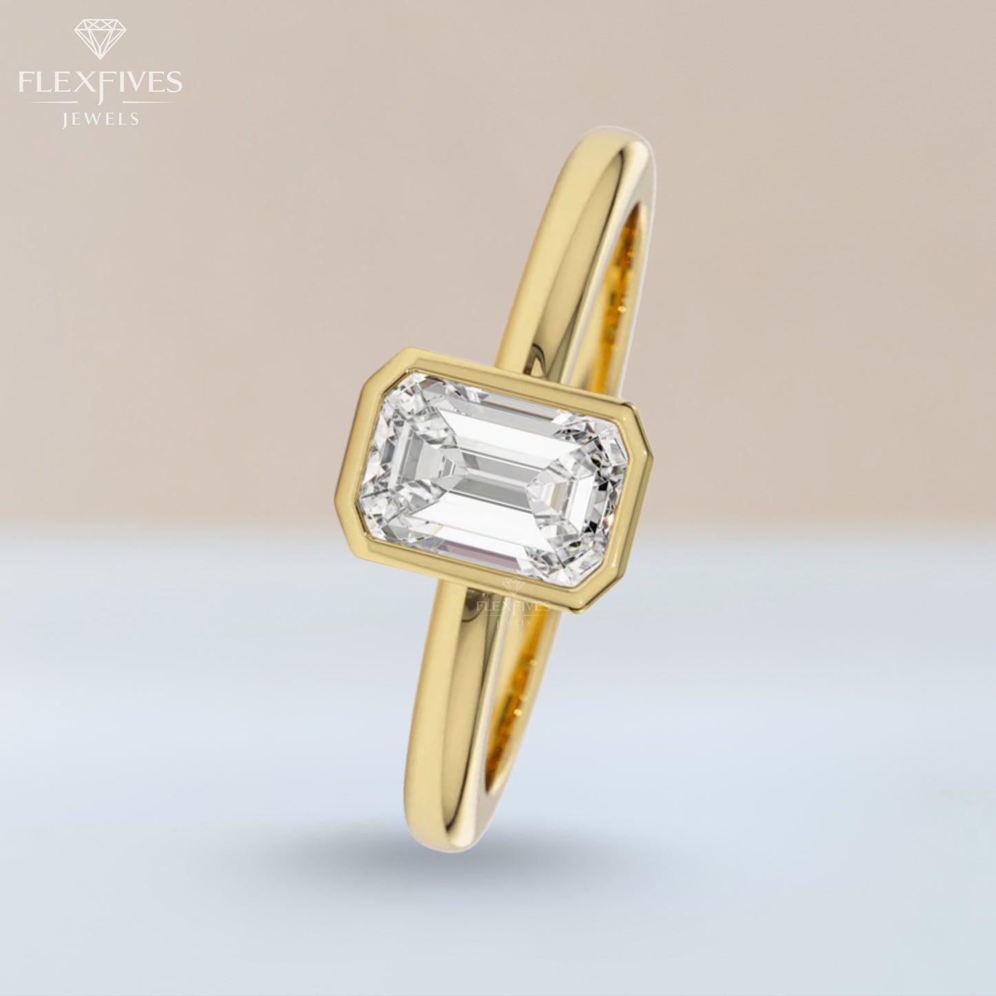 Bezel Set Emerald Moissanite Ring | 1.5 CT Center Stone | Solid Gold Ring | Minimalist Engagement Ring | Yellow, White, Rose Gold