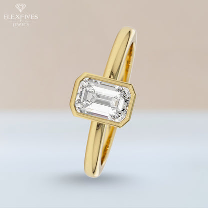Bezel Set Emerald Moissanite Ring | 1.5 CT Center Stone | Solid Gold Ring | Minimalist Engagement Ring | Yellow, White, Rose Gold