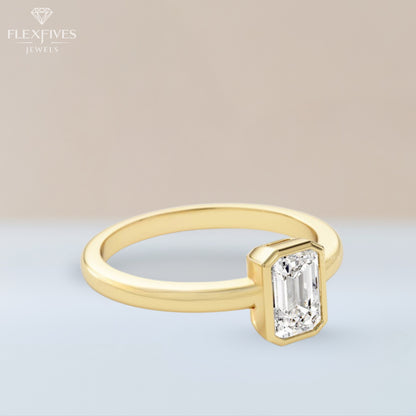 Bezel Set Emerald Moissanite Ring | 1.5 CT Center Stone | Solid Gold Ring | Minimalist Engagement Ring | Yellow, White, Rose Gold