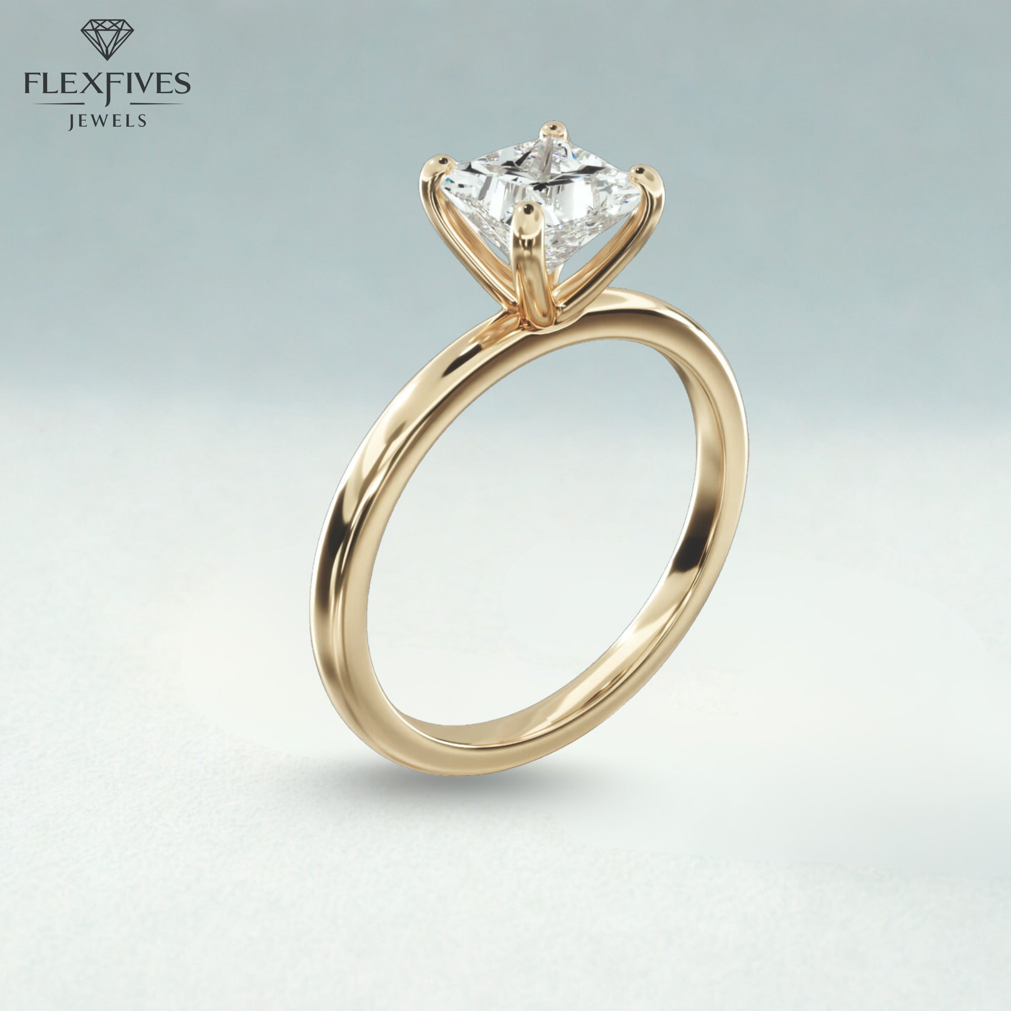 Engagement Ring 14K Solid Gold 1.50CT Princess Cut Solitaire Diamond Modern Compass Prongs Statement Ring Wedding Proposal Ring Gift