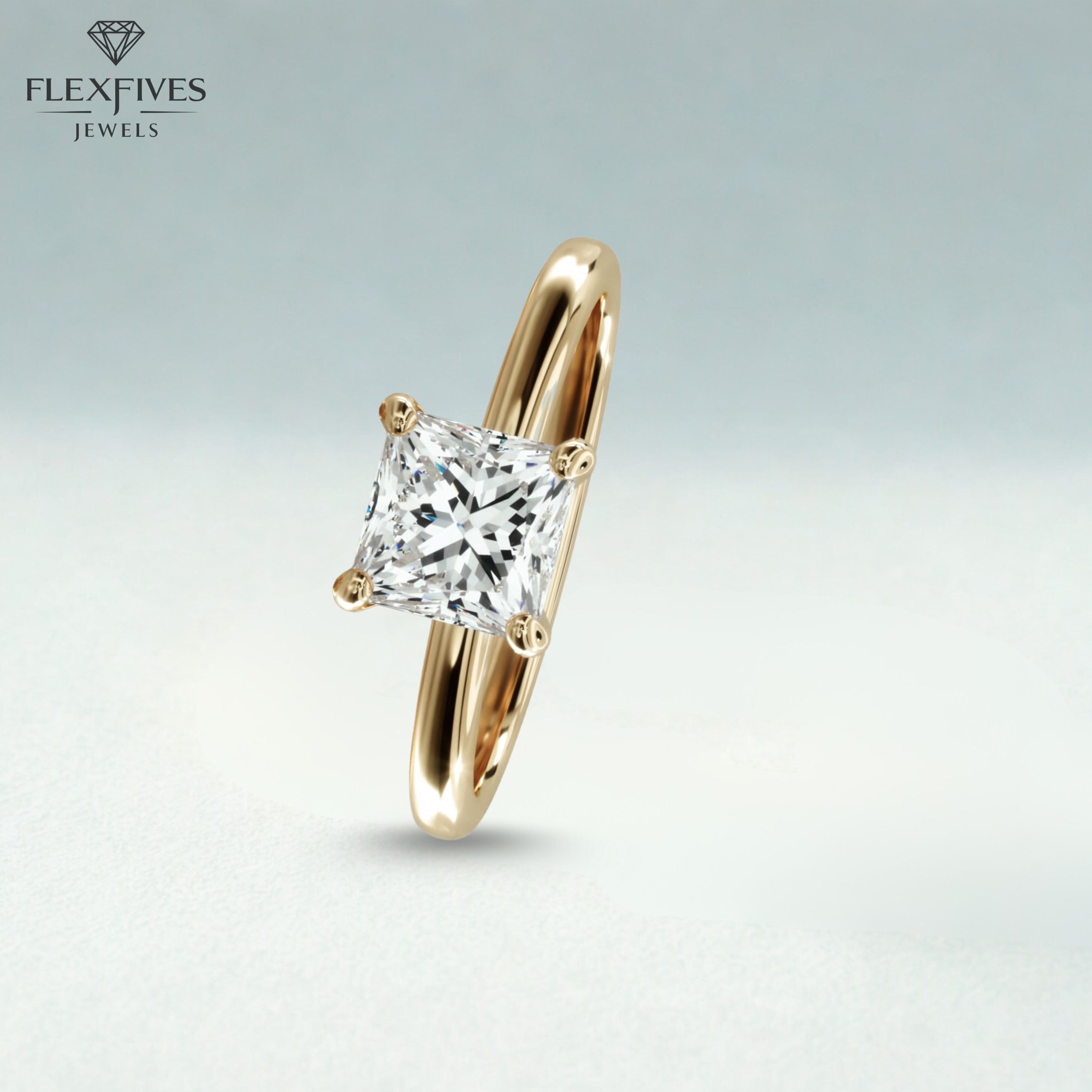 Engagement Ring 14K Solid Gold 1.50CT Princess Cut Solitaire Diamond Modern Compass Prongs Statement Ring Wedding Proposal Ring Gift